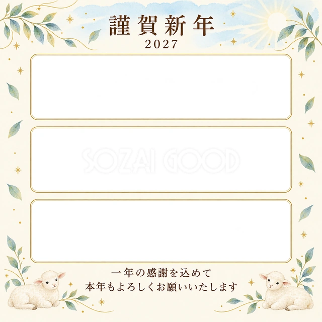 水色の朝・細い金枠の無料年賀状イラスト