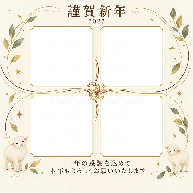 祝う結び目・細い金枠の無料年賀状イラスト