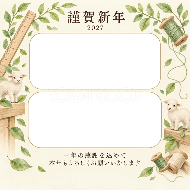 若葉の窓辺・定規の無料年賀状イラスト