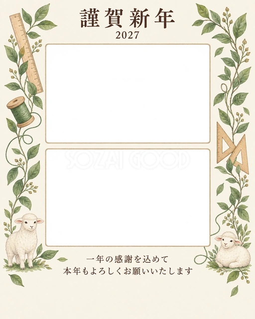 縦の植物飾り・定規の無料年賀状イラスト