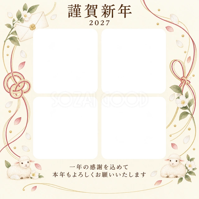 祝う結び目・手紙の無料年賀状イラスト