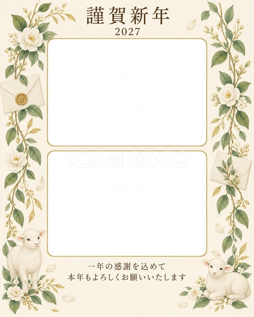 縦の植物飾り・手紙の無料年賀状イラスト