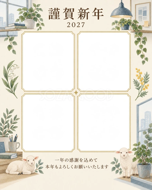 季節をつなぐ・窓の無料年賀状イラスト
