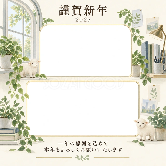 若葉の窓辺・窓の無料年賀状イラスト