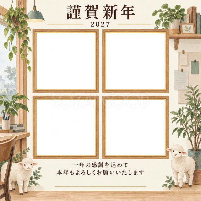 木のぬくもり・窓の無料年賀状イラスト