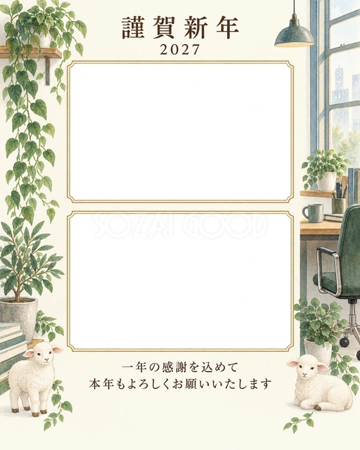 縦の植物飾り・窓の無料年賀状イラスト