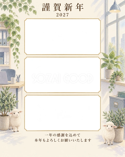 光のご挨拶・窓の無料年賀状イラスト