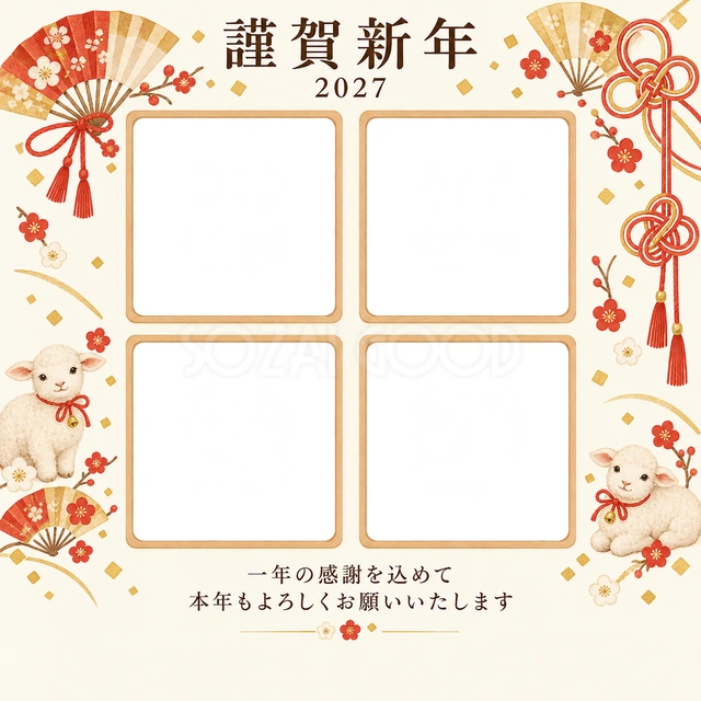 木のぬくもり・扇の無料年賀状イラスト