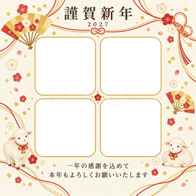 祝う結び目・扇の無料年賀状イラスト