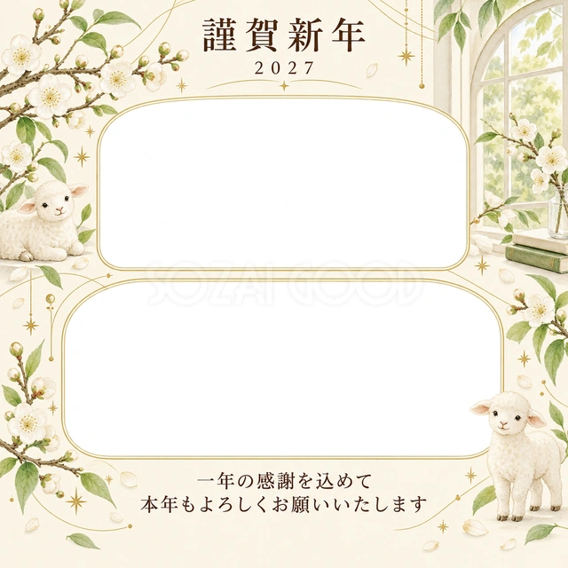若葉の窓辺・白梅の無料年賀状イラスト