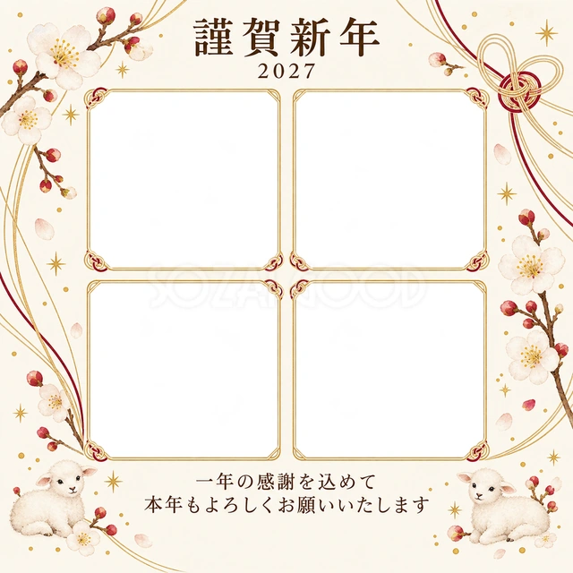 祝う結び目・白梅の無料年賀状イラスト
