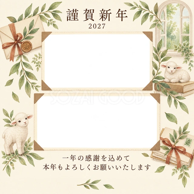 若葉の窓辺・手紙の無料年賀状イラスト
