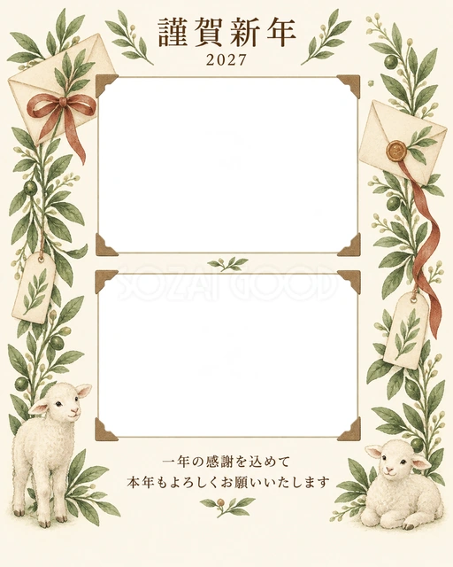 縦の植物飾り・手紙の無料年賀状イラスト