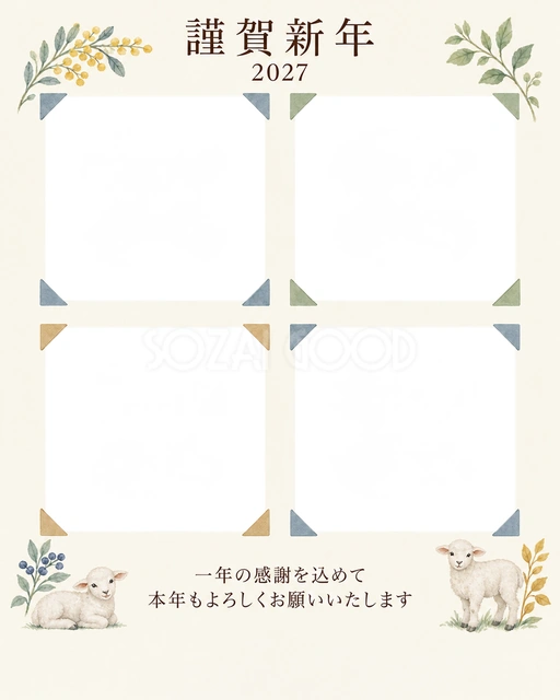 季節をつなぐ・控えめなアルバムの角飾りの無料年賀状イラスト