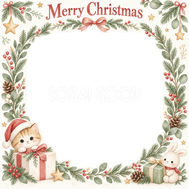 子猫と贈り物のクリスマスイラスト