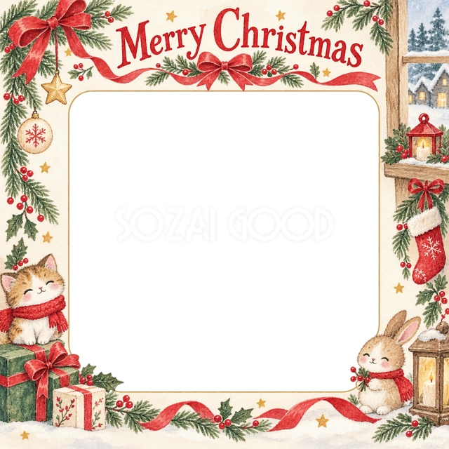暖かな窓辺のクリスマスイラスト