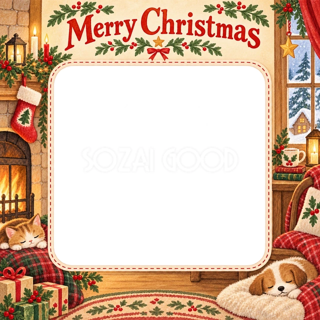 暖かな窓辺のクリスマスイラスト