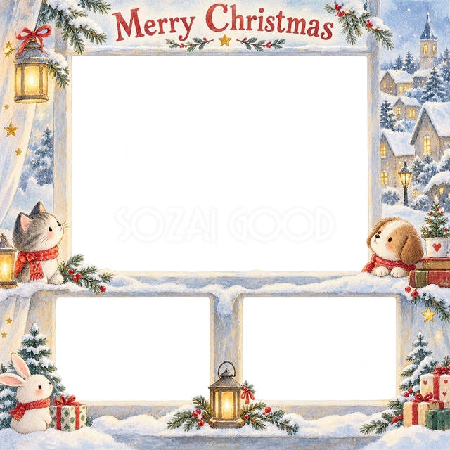 暖かな窓辺のクリスマスイラスト