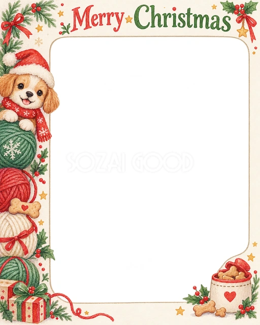 子犬と毛糸玉のクリスマスイラスト