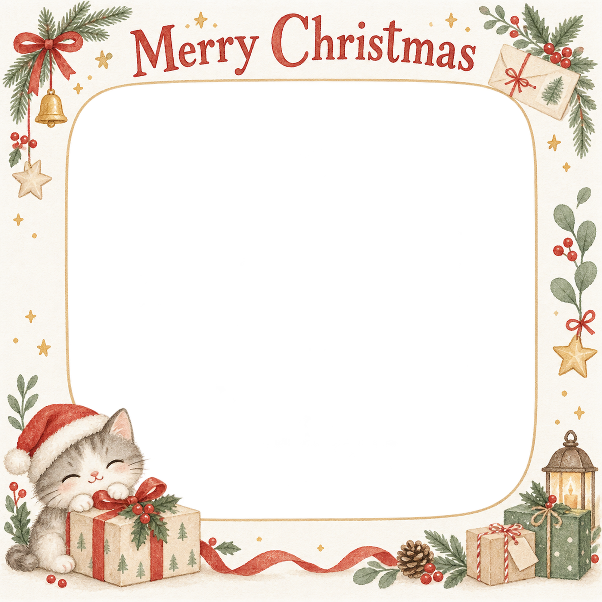 贈り物の箱の犬・猫のクリスマス写真フレーム｜大人可愛いペット記念日・無料イラスト 100002に写真・文字を入れる