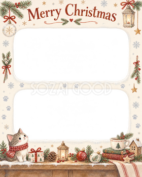 雪の足あとの犬・猫のクリスマス写真フレーム｜大人可愛いペット記念日・無料イラスト 100003