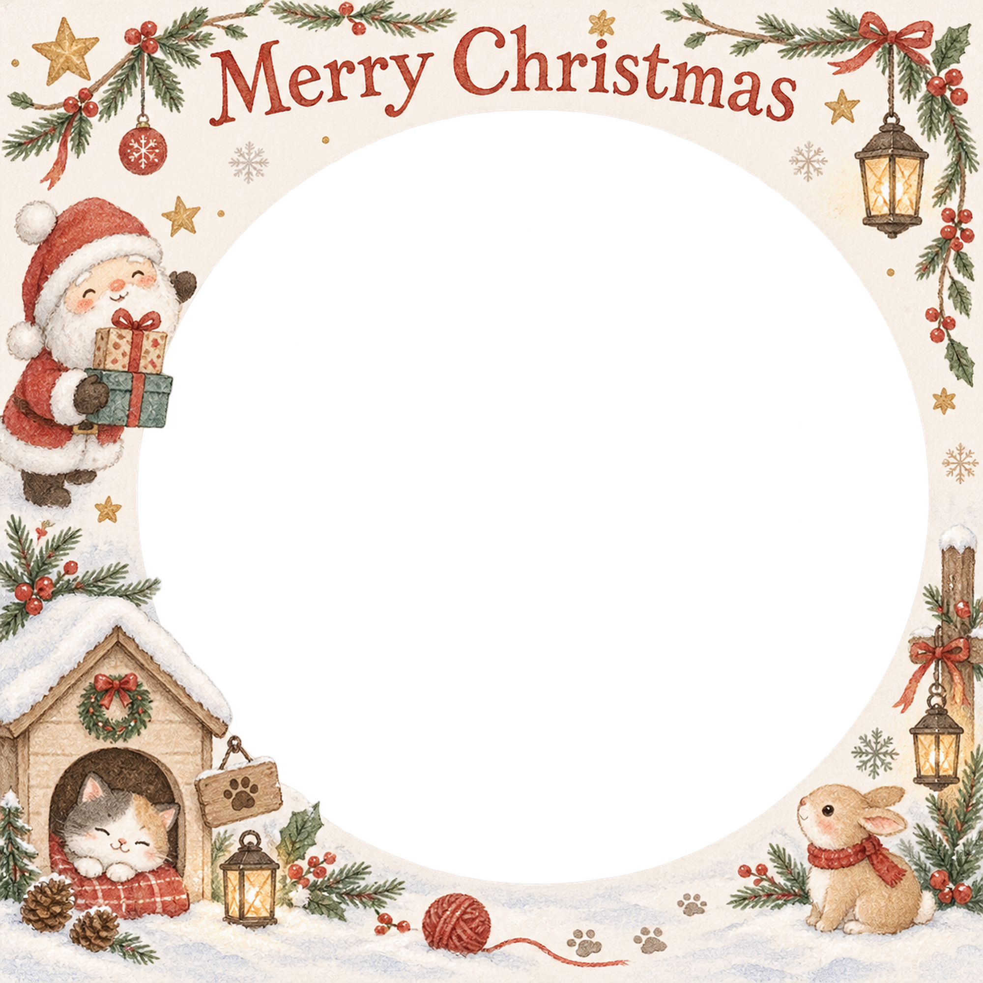 小さなペットハウスの犬・猫のクリスマス写真フレーム｜大人可愛いペット記念日・無料イラスト 100004に写真・文字を入れる