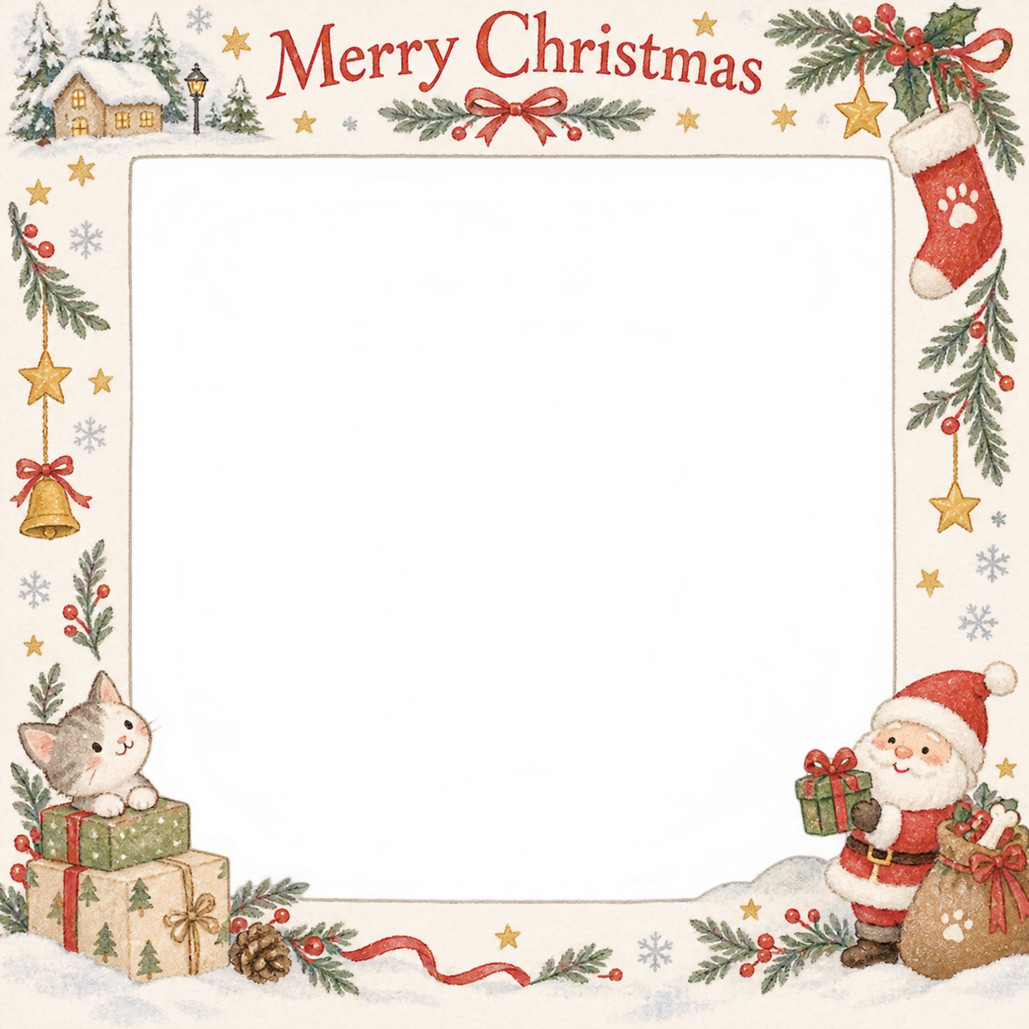 おやつのくつしたの犬・猫のクリスマス写真フレーム｜大人可愛いペット記念日・無料イラスト 100005に写真・文字を入れる