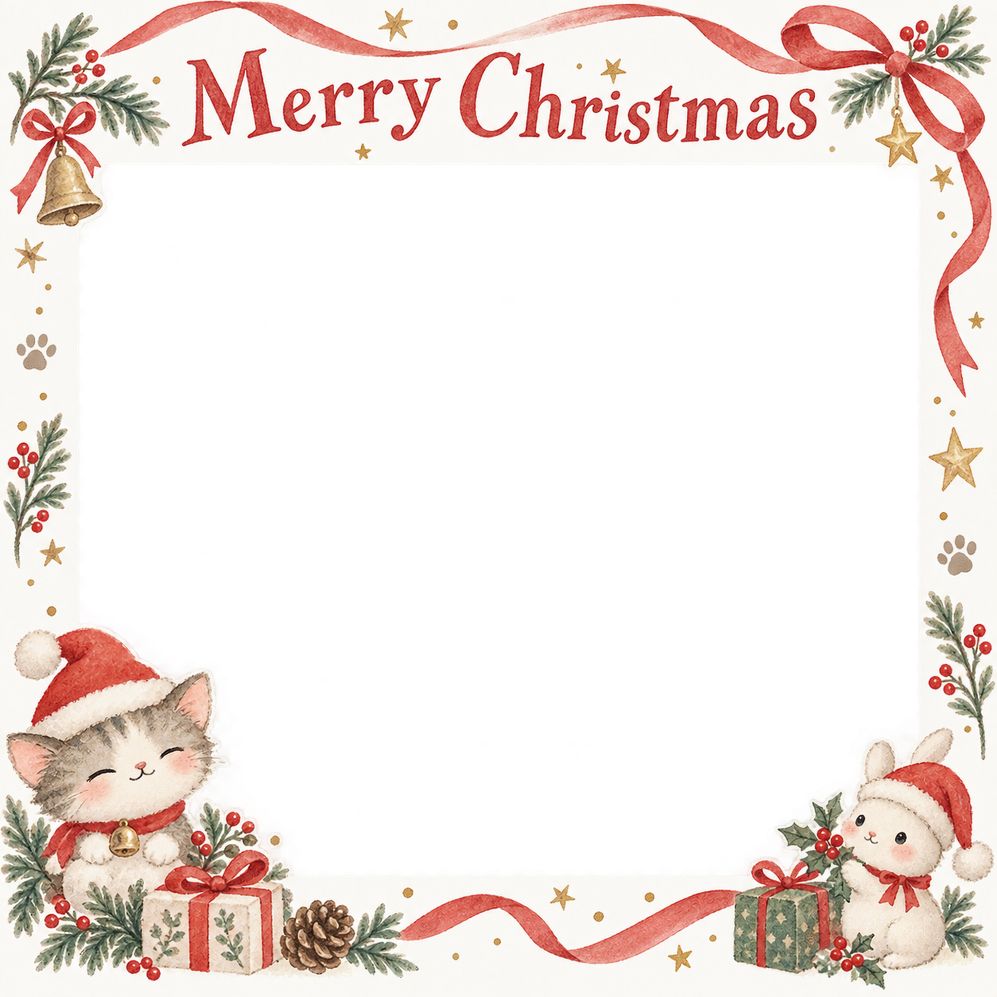 お揃いの帽子の犬・猫のクリスマス写真フレーム｜大人可愛いペット記念日・無料イラスト 100006に写真・文字を入れる