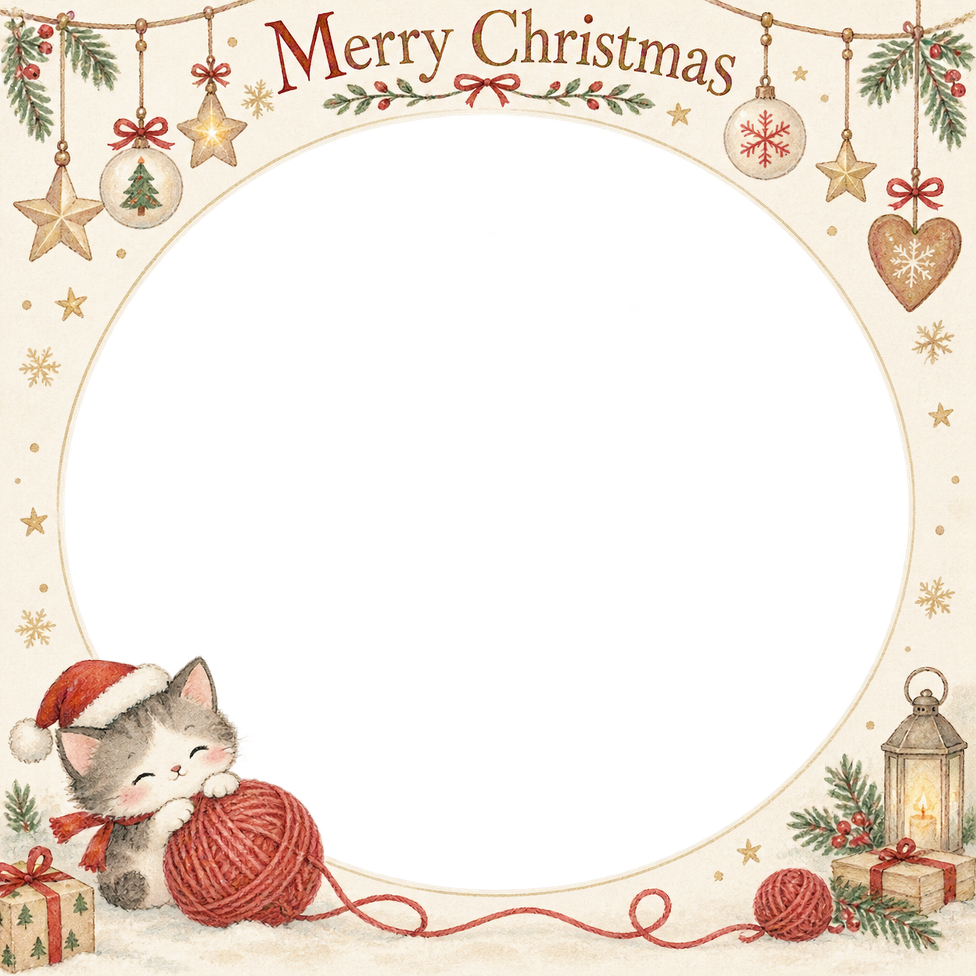 ねこの毛糸玉の犬・猫のクリスマス写真フレーム｜大人可愛いペット記念日・無料イラスト 100008に写真・文字を入れる