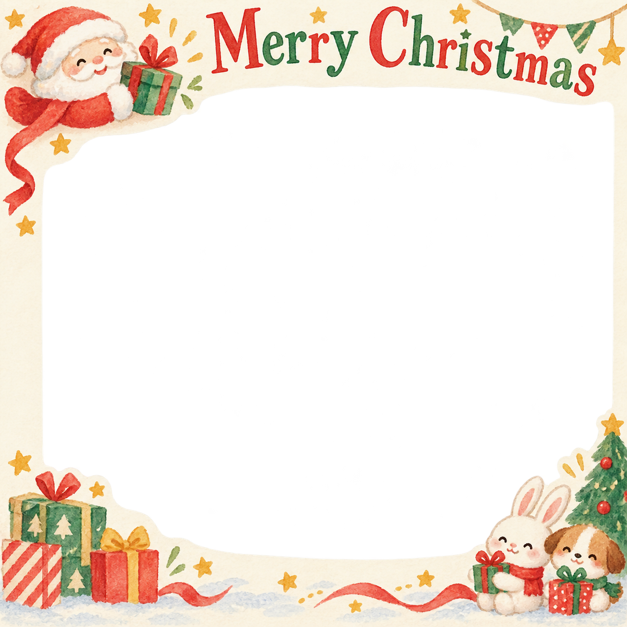 サンタの贈り物の保育園・幼稚園のクリスマス会写真フレーム｜サンタの集合写真・無料イラスト 100011に写真・文字を入れる