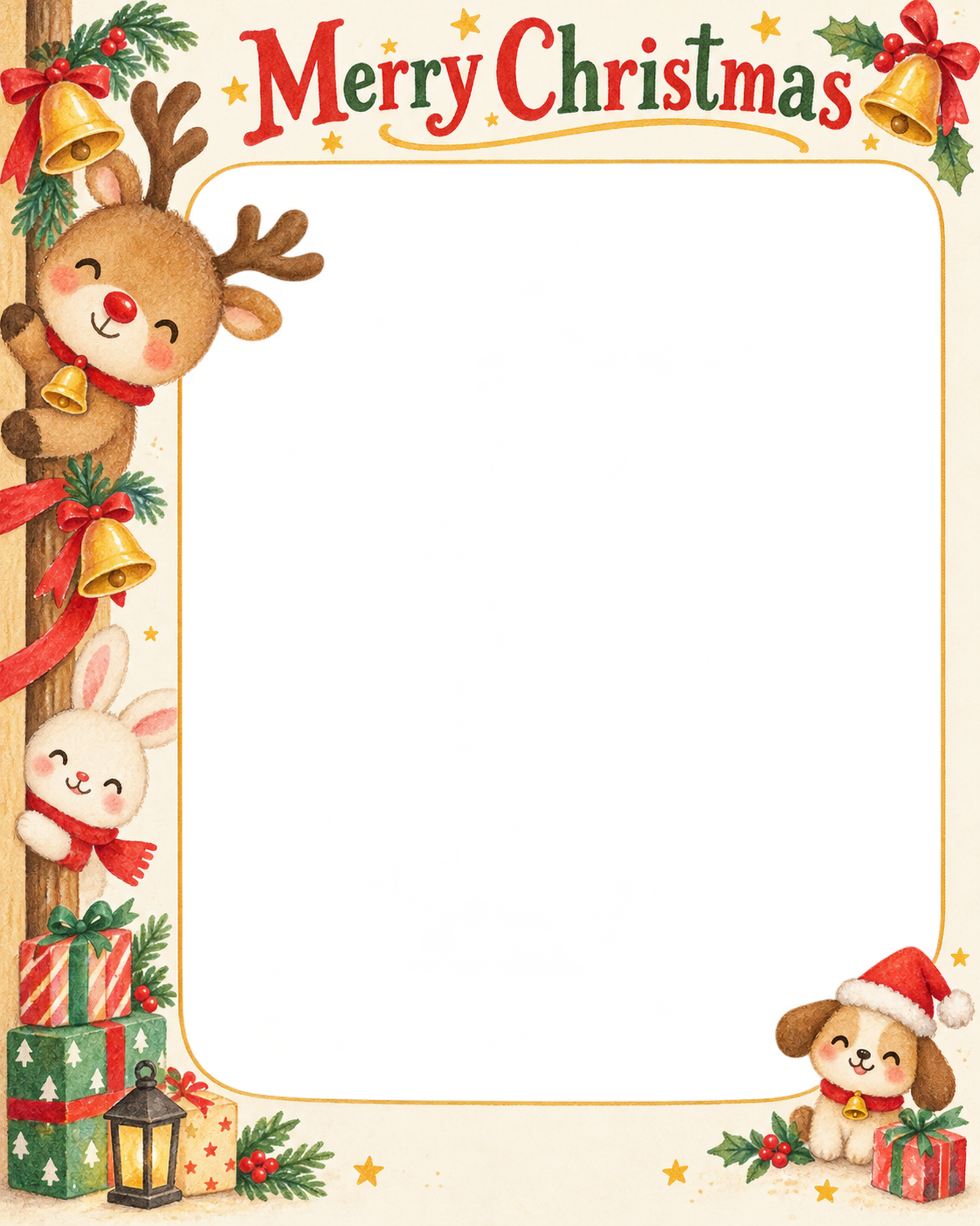 トナカイとベルの保育園・幼稚園のクリスマス会写真フレーム｜サンタの集合写真・無料イラスト 100012に写真・文字を入れる