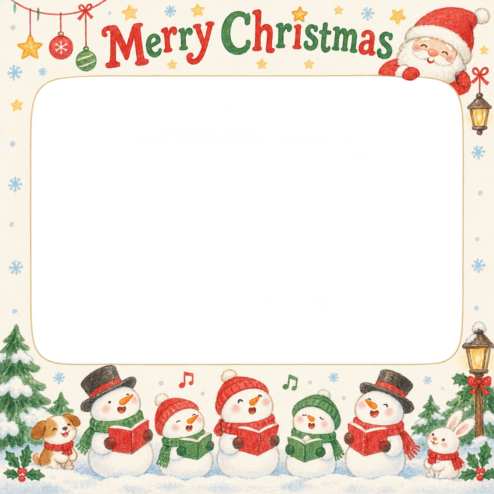 雪だるまの合唱の保育園・幼稚園のクリスマス会写真フレーム｜サンタの集合写真・無料イラスト 100013に写真・文字を入れる