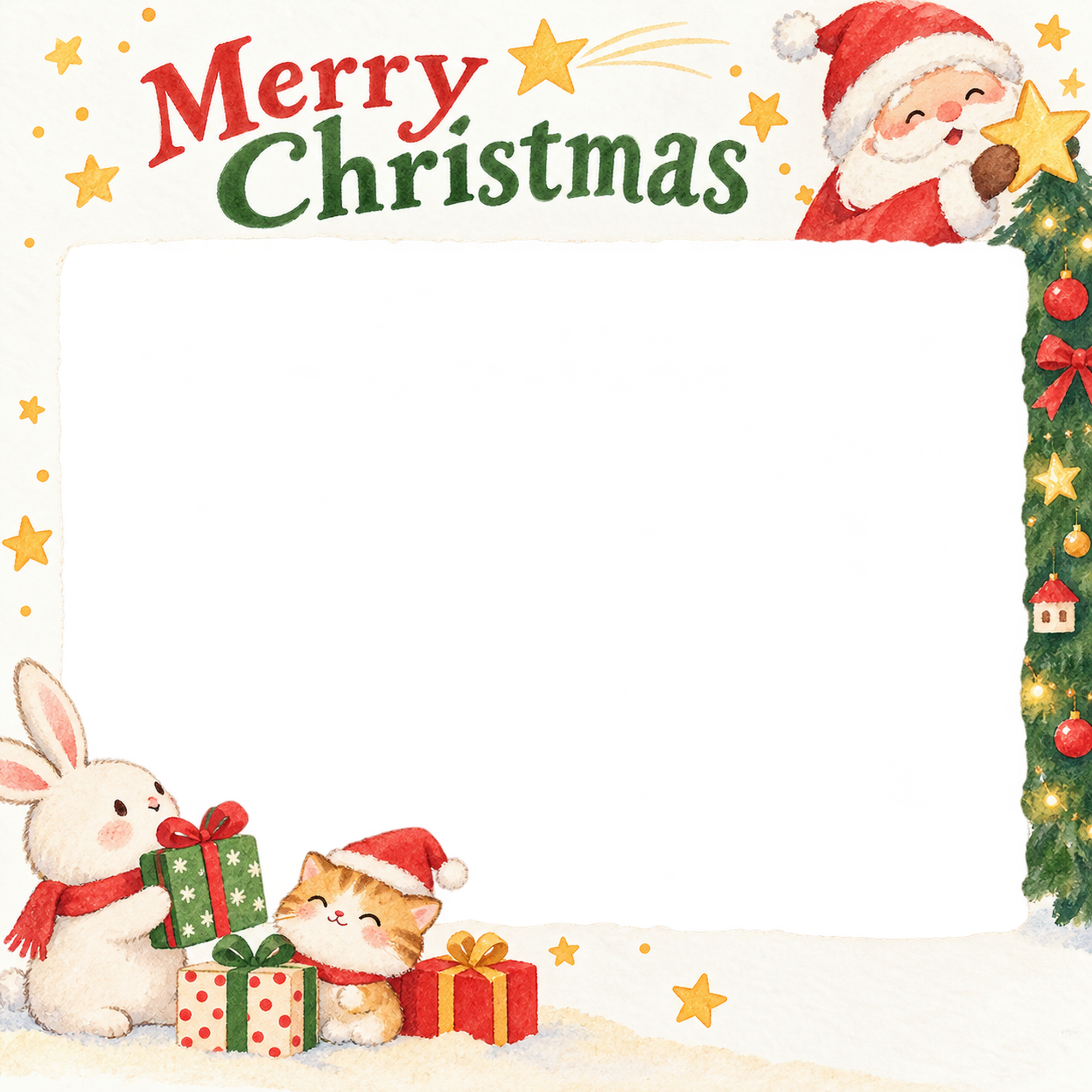 ツリーと星の保育園・幼稚園のクリスマス会写真フレーム｜サンタの集合写真・無料イラスト 100014に写真・文字を入れる