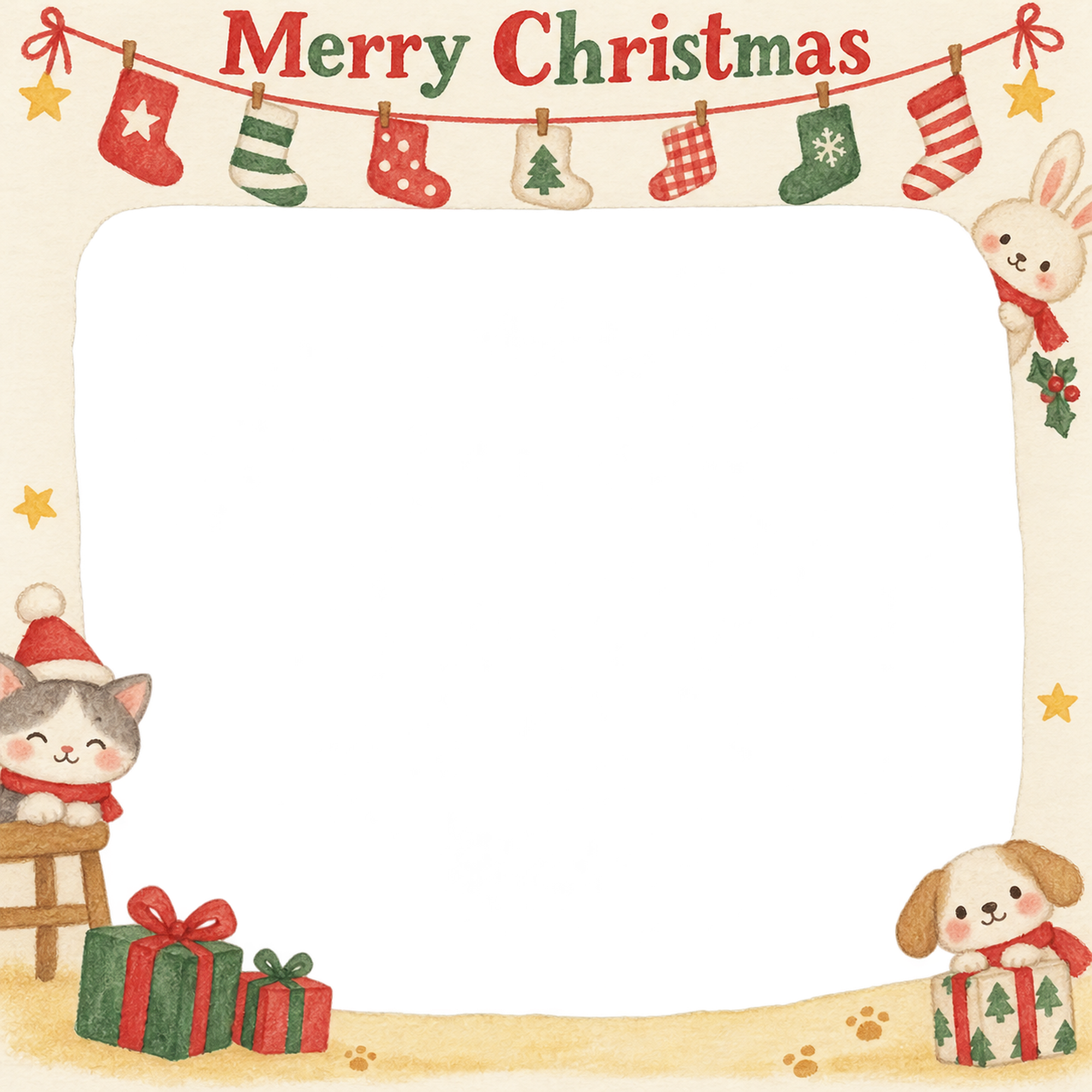 くつしたの列の保育園・幼稚園のクリスマス会写真フレーム｜サンタの集合写真・無料イラスト 100015に写真・文字を入れる