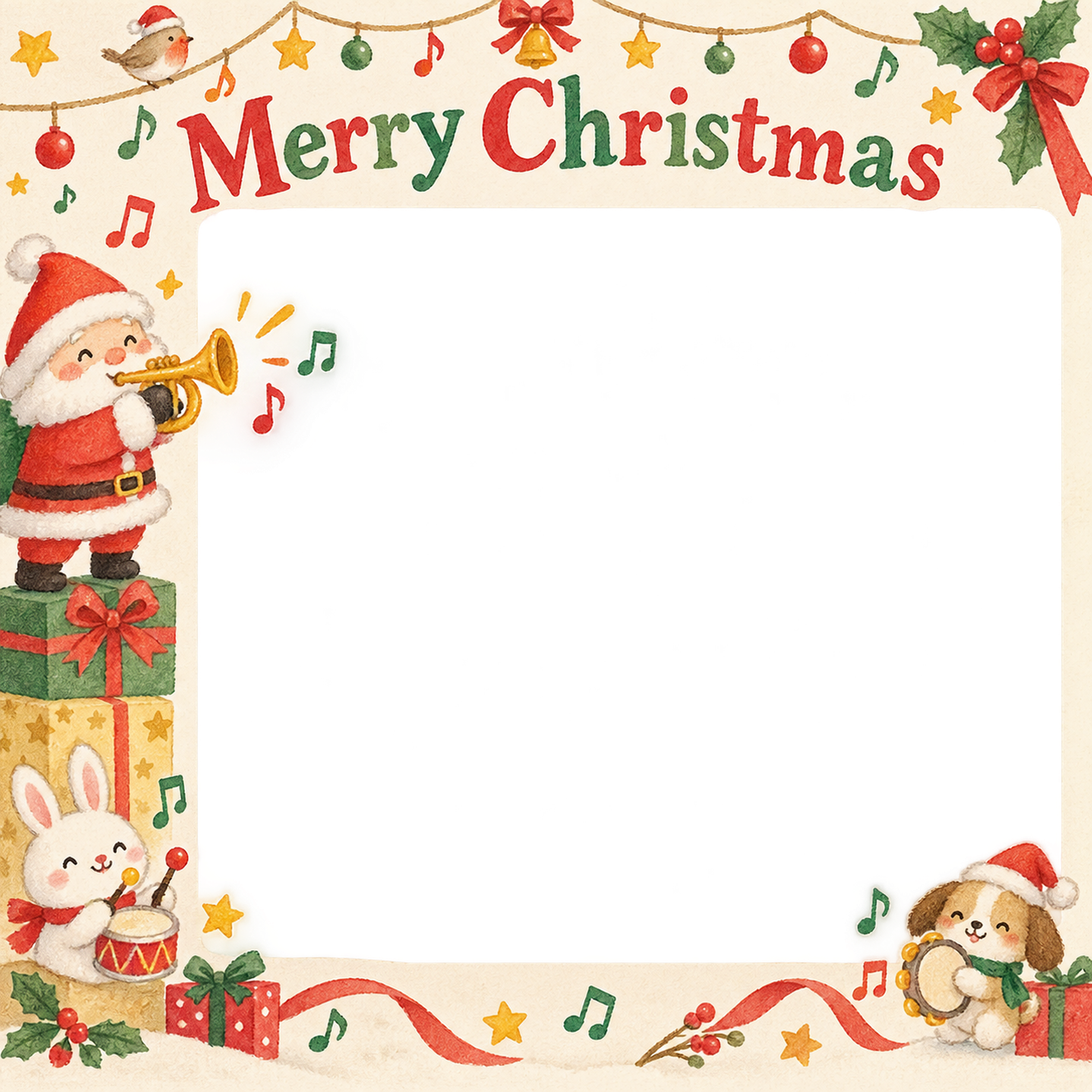 楽器のお祝いの保育園・幼稚園のクリスマス会写真フレーム｜サンタの集合写真・無料イラスト 100017に写真・文字を入れる