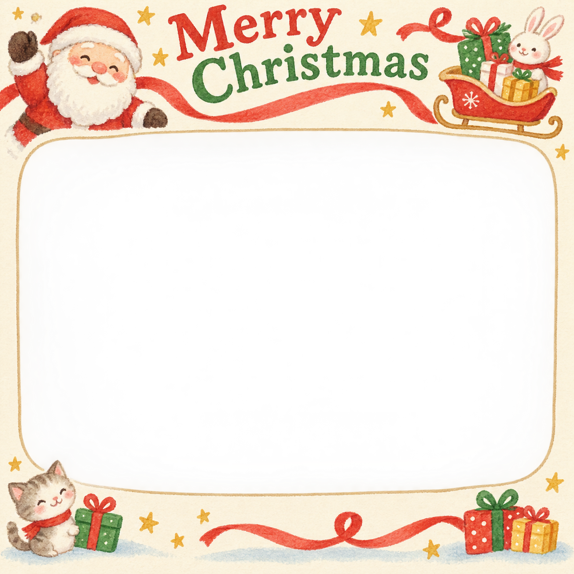 プレゼントのそりの保育園・幼稚園のクリスマス会写真フレーム｜サンタの集合写真・無料イラスト 100019に写真・文字を入れる