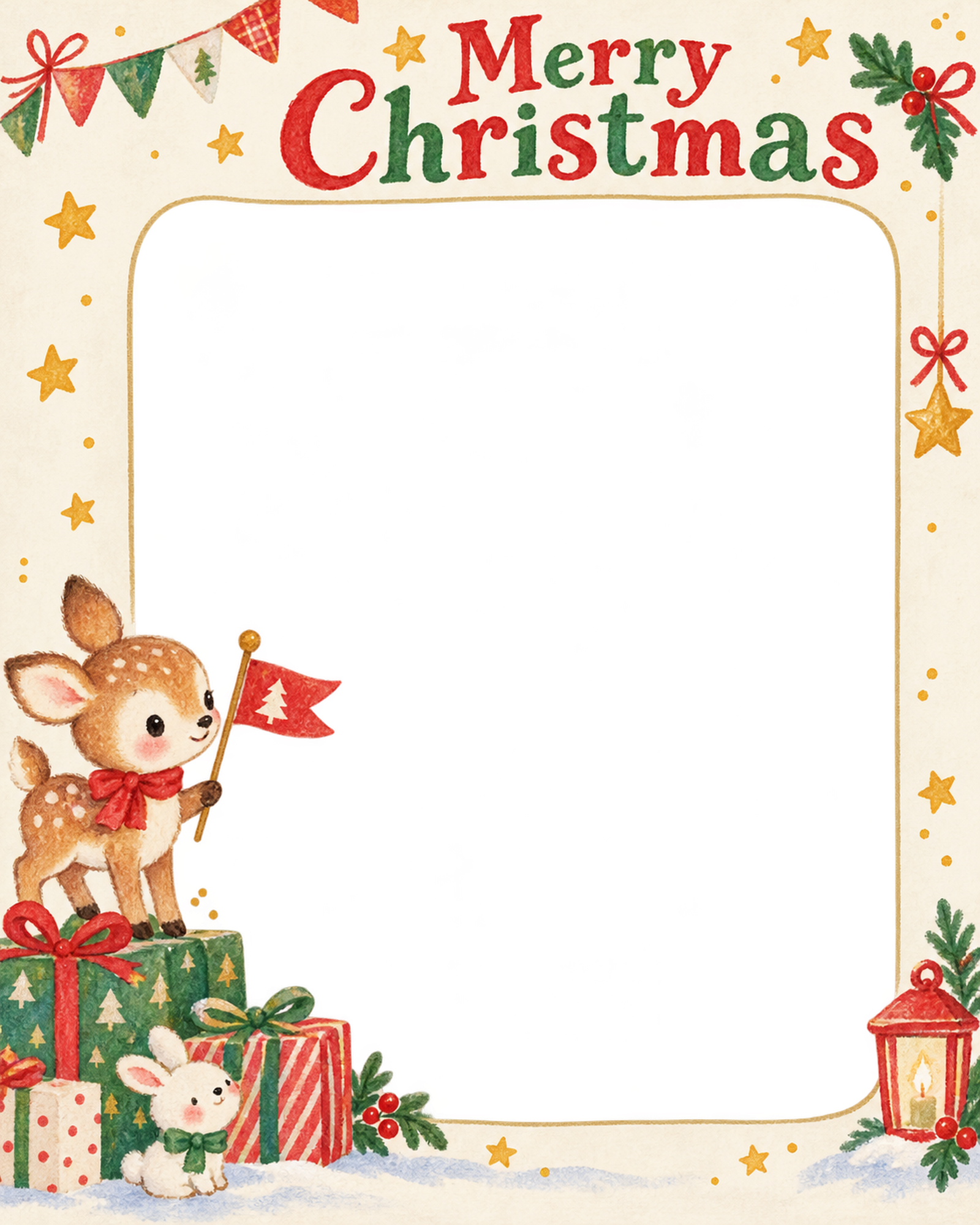 子鹿と小さな旗の保育園・幼稚園のクリスマス会写真フレーム｜サンタの集合写真・無料イラスト 100020に写真・文字を入れる