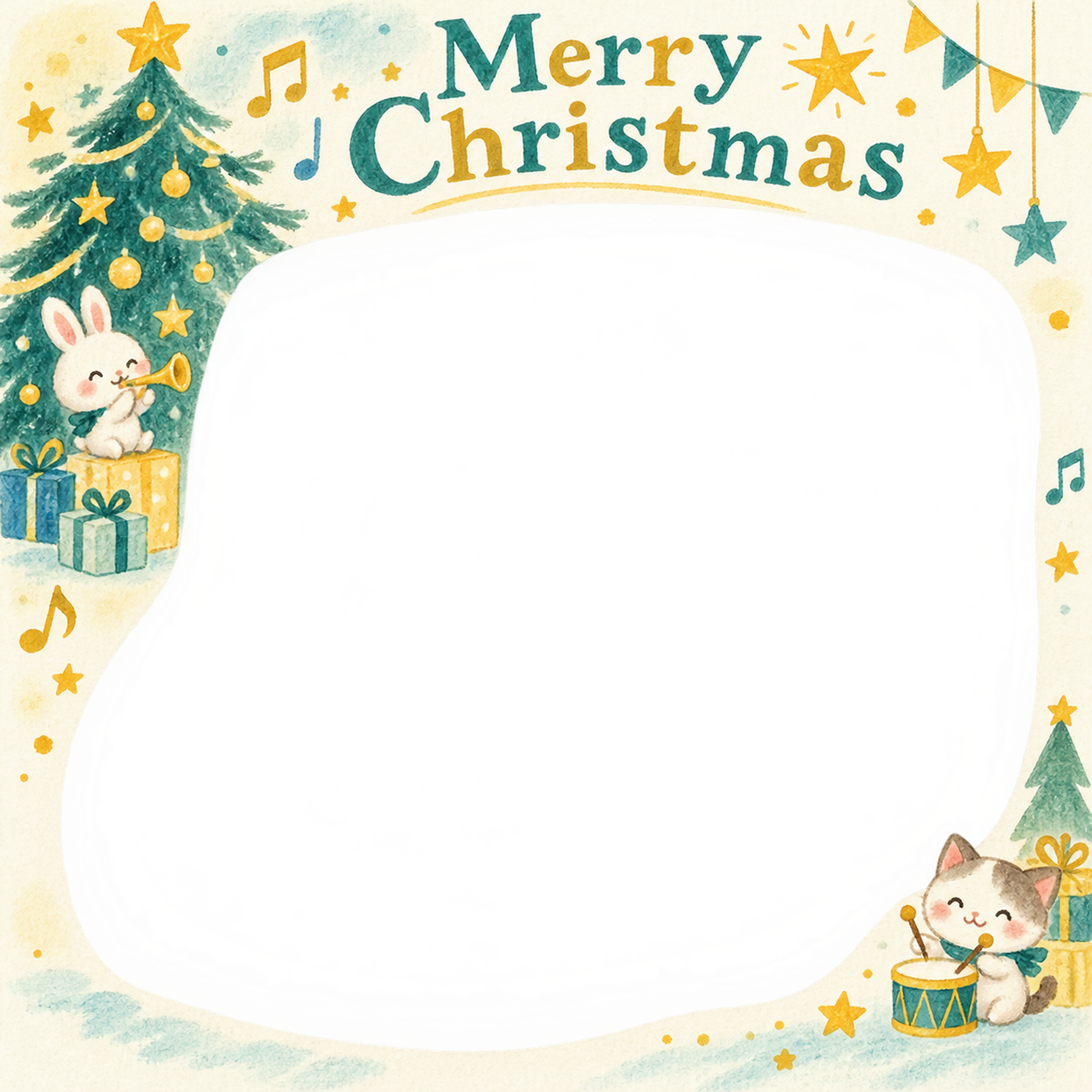 ツリーと星の保育園・幼稚園のクリスマス会写真フレーム｜みんなの音楽会・無料イラスト 100024に写真・文字を入れる