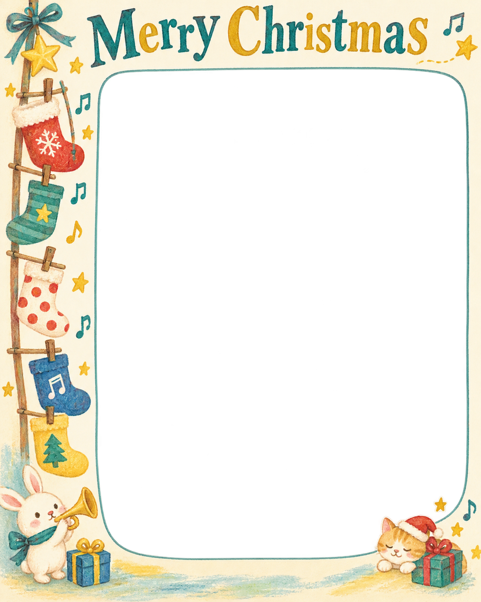 くつしたの列の保育園・幼稚園のクリスマス会写真フレーム｜みんなの音楽会・無料イラスト 100025に写真・文字を入れる