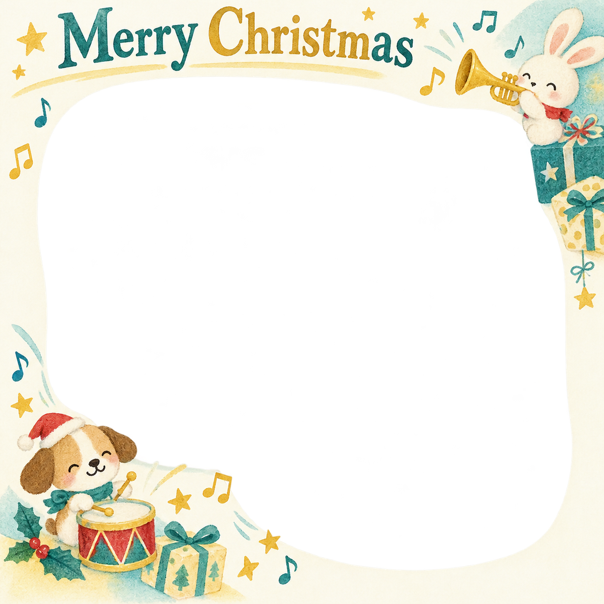 楽器のお祝いの保育園・幼稚園のクリスマス会写真フレーム｜みんなの音楽会・無料イラスト 100027に写真・文字を入れる
