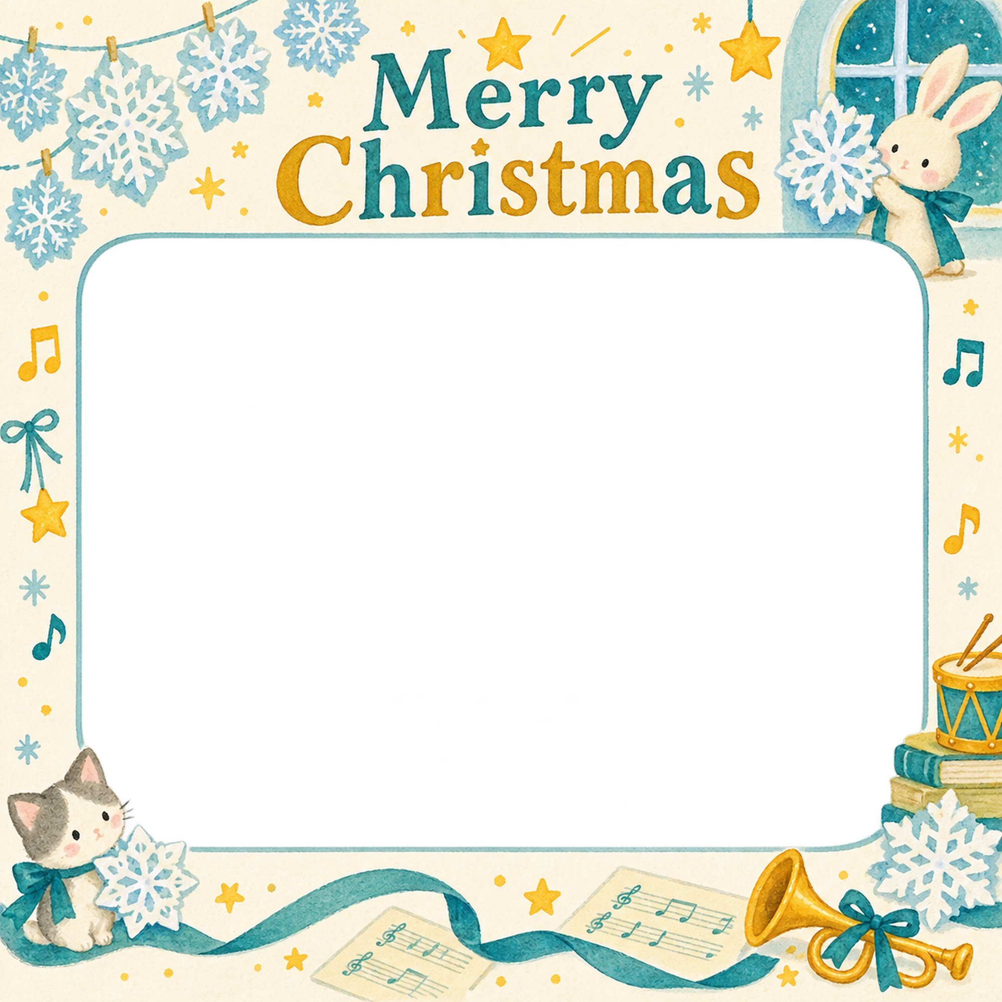 紙の雪結晶の保育園・幼稚園のクリスマス会写真フレーム｜みんなの音楽会・無料イラスト 100028に写真・文字を入れる