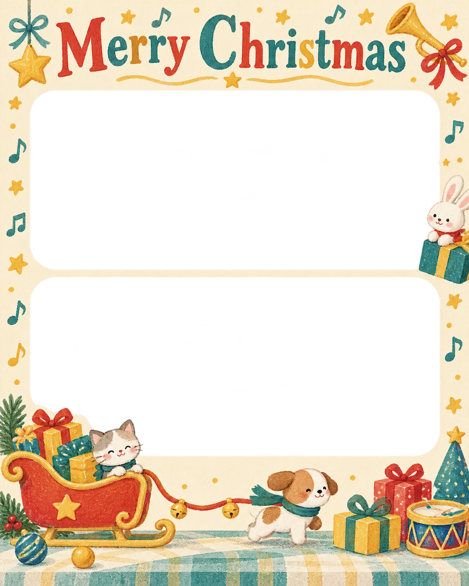 プレゼントのそりの保育園・幼稚園のクリスマス会写真フレーム｜みんなの音楽会・無料イラスト 100029に写真・文字を入れる