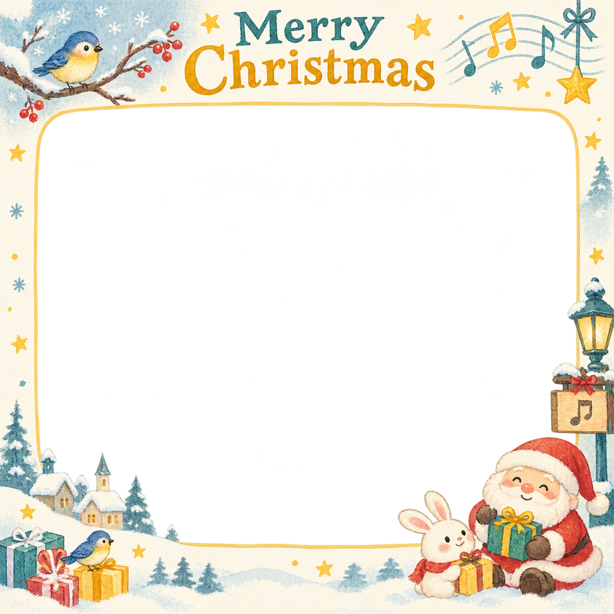 冬の小鳥の保育園・幼稚園のクリスマス会写真フレーム｜みんなの音楽会・無料イラスト 100031に写真・文字を入れる