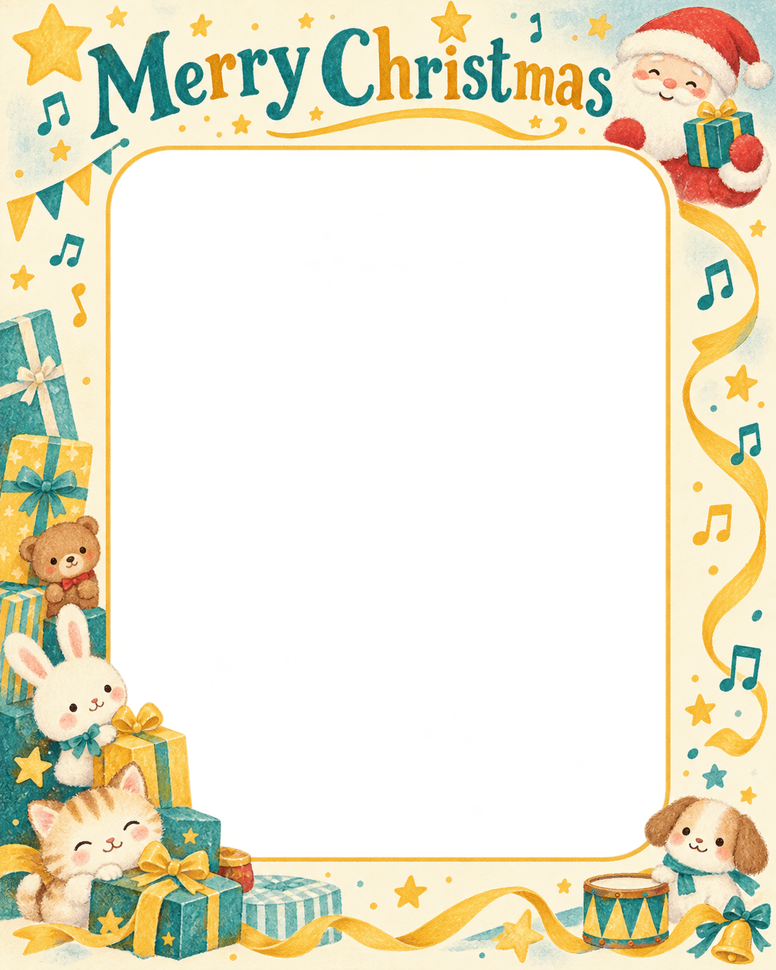サンタの贈り物の保育園・幼稚園のクリスマス会写真フレーム｜みんなの音楽会・無料イラスト 100033に写真・文字を入れる