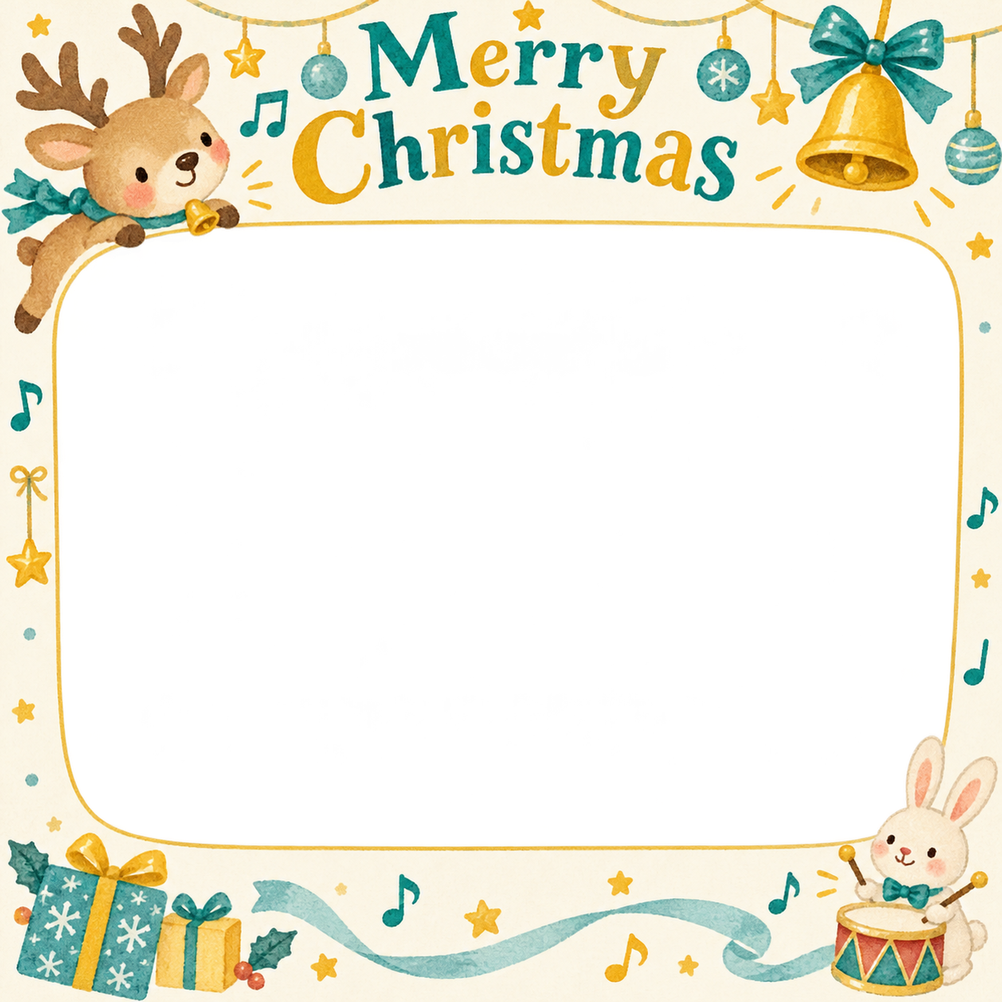 トナカイとベルの保育園・幼稚園のクリスマス会写真フレーム｜みんなの音楽会・無料イラスト 100034に写真・文字を入れる