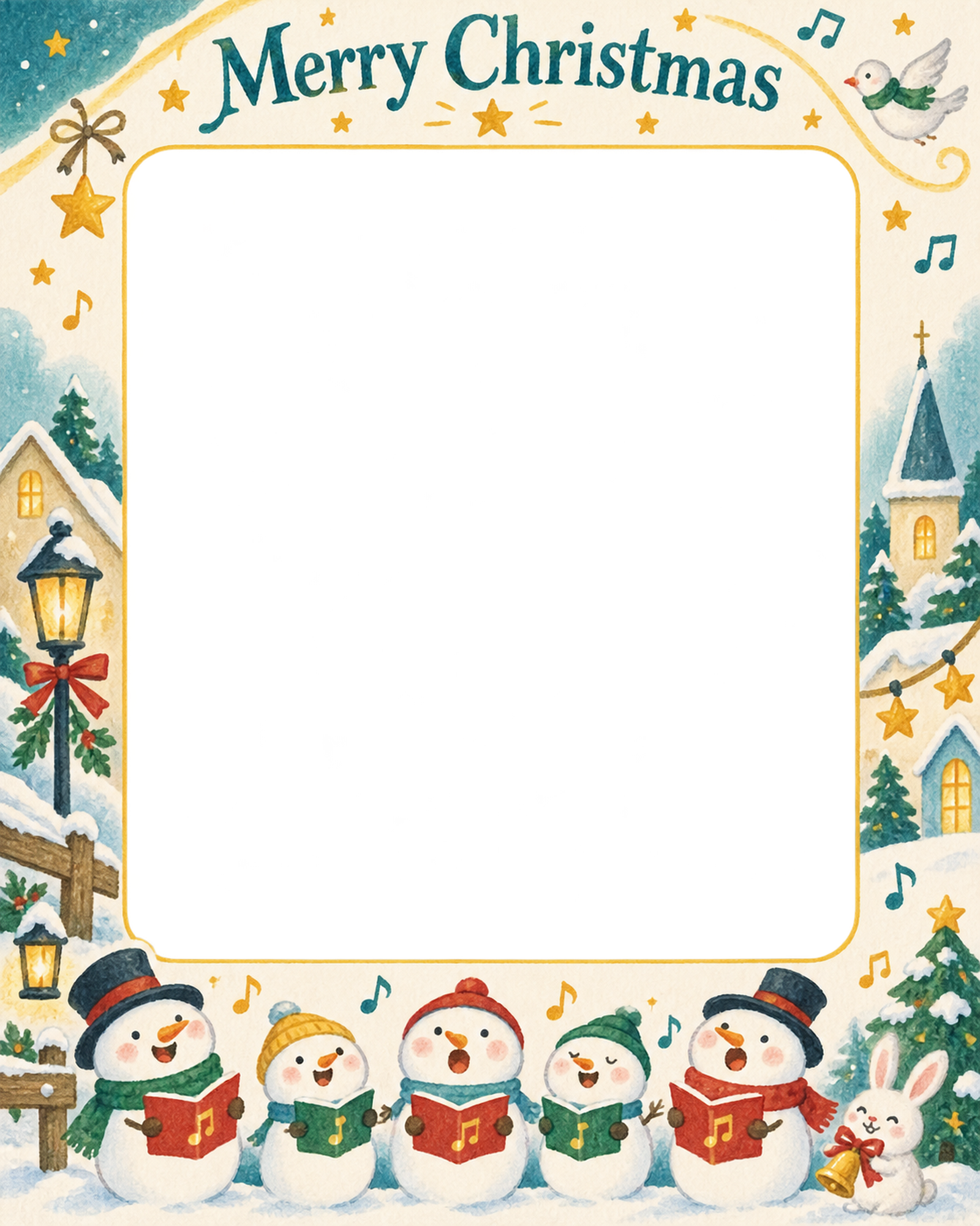 雪だるまの合唱の保育園・幼稚園のクリスマス会写真フレーム｜みんなの音楽会・無料イラスト 100035に写真・文字を入れる