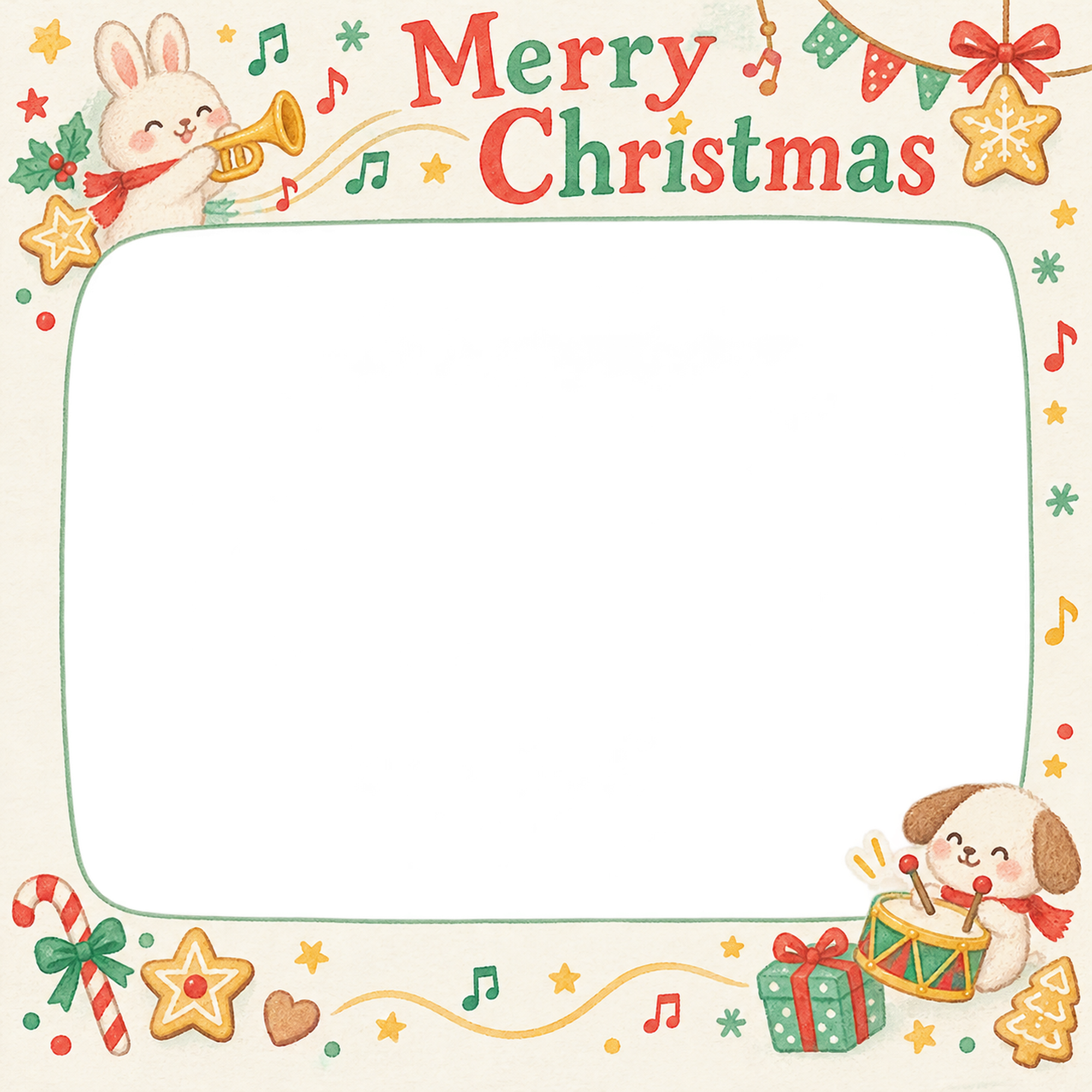 楽器のお祝いの保育園・幼稚園のクリスマス会写真フレーム｜お菓子のクリスマス会・無料イラスト 100037に写真・文字を入れる
