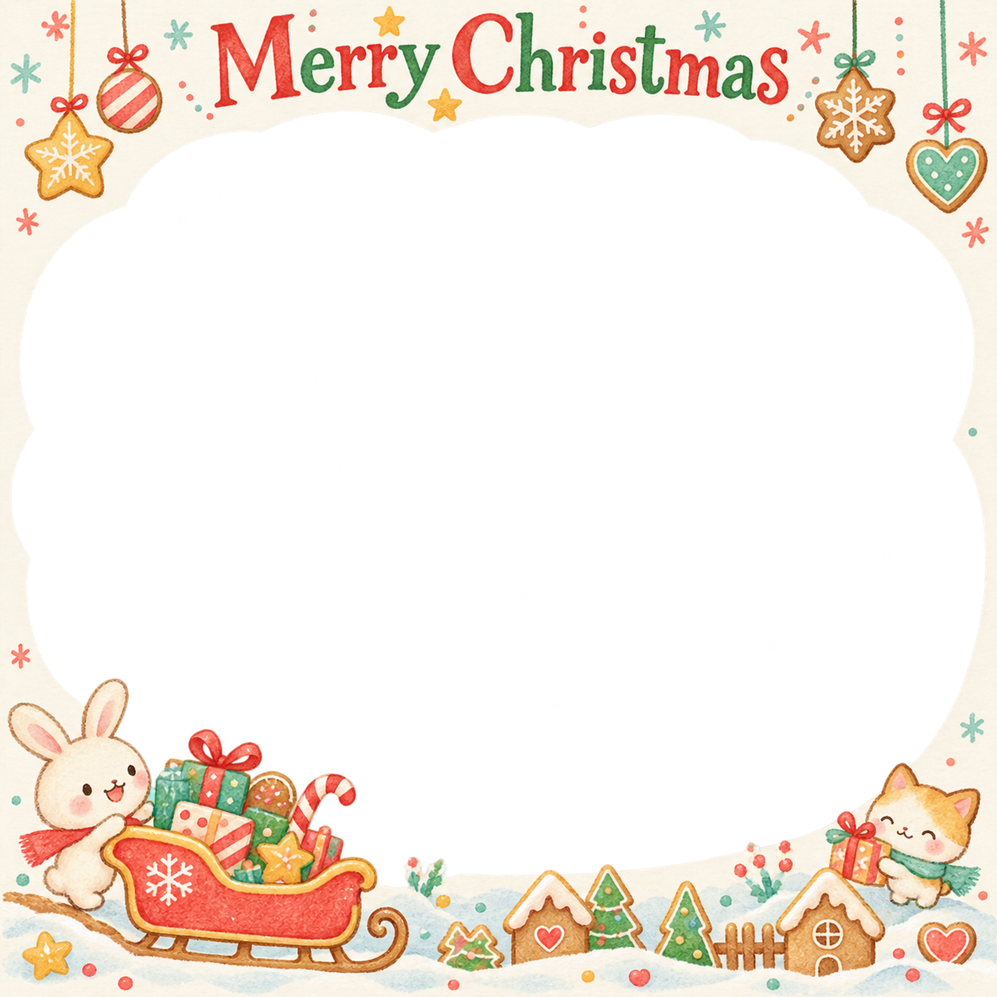 プレゼントのそりの保育園・幼稚園のクリスマス会写真フレーム｜お菓子のクリスマス会・無料イラスト 100039に写真・文字を入れる