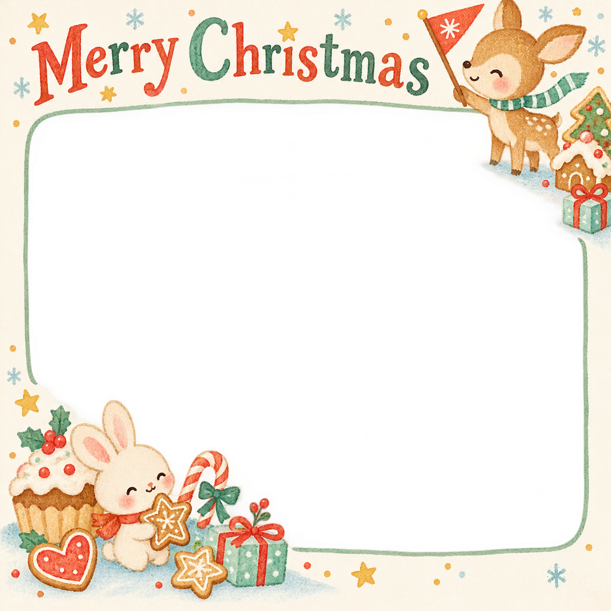 子鹿と小さな旗の保育園・幼稚園のクリスマス会写真フレーム｜お菓子のクリスマス会・無料イラスト 100040に写真・文字を入れる
