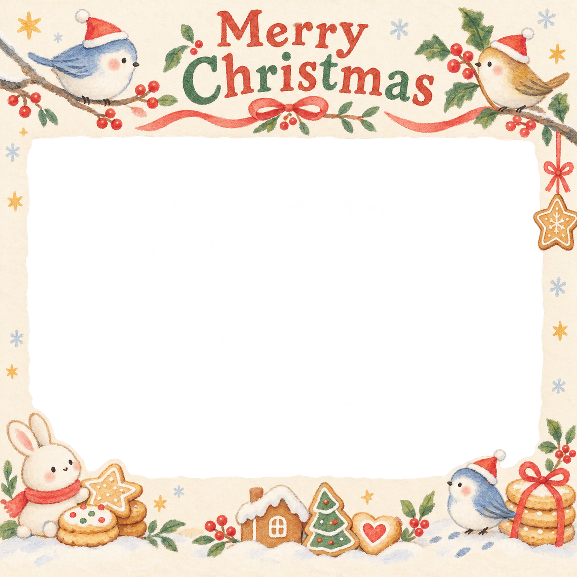 冬の小鳥の保育園・幼稚園のクリスマス会写真フレーム｜お菓子のクリスマス会・無料イラスト 100041に写真・文字を入れる